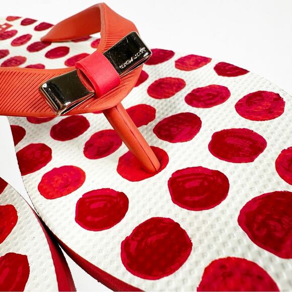 Coach Amel Coral/Orange Polka Dot Bow Flip Flops Size 8B - Picture 2 of 6